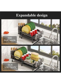 HQ-GAMING Extendable Dish Drying Rack with Drainboard Set, Multifunctional Dish Rack for Kitchen Counter, Anti-Rust Drying Dish Rack with Cutlery & Cup Holders, Black  - Image 3