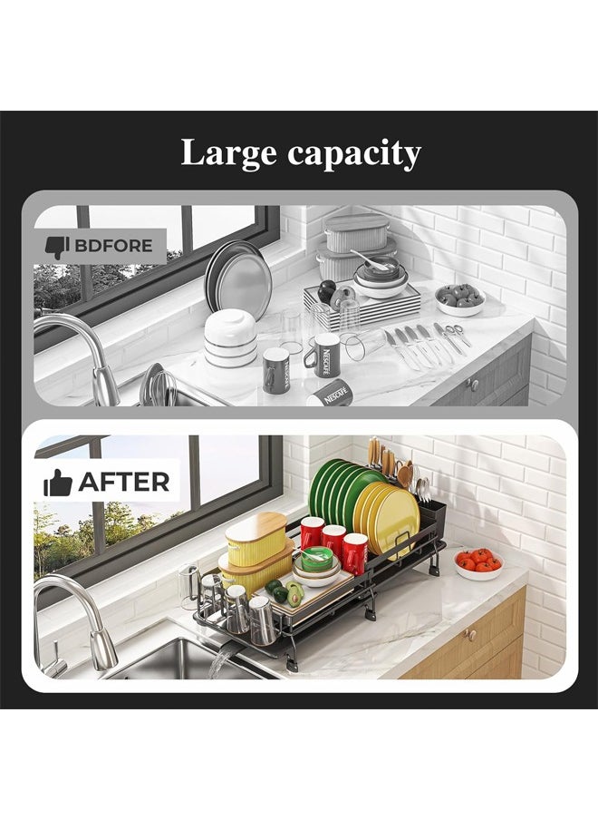 HQ-GAMING Extendable Dish Drying Rack with Drainboard Set, Multifunctional Dish Rack for Kitchen Counter, Anti-Rust Drying Dish Rack with Cutlery & Cup Holders, Black  - Image 5
