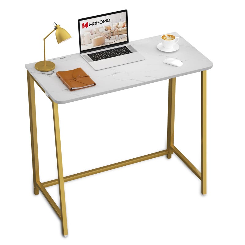 WOHOMO White Faux Marble Folding Desk, 31.5" Small Desk for Small Spaces with Gold Legs, Easy Assemble Foldable Computer Desk, Mini Portable Working Table for Home Office, White and Gold - Image 1