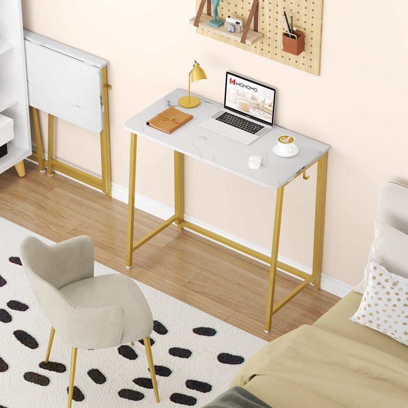 WOHOMO White Faux Marble Folding Desk, 31.5" Small Desk for Small Spaces with Gold Legs, Easy Assemble Foldable Computer Desk, Mini Portable Working Table for Home Office, White and Gold - Image 2