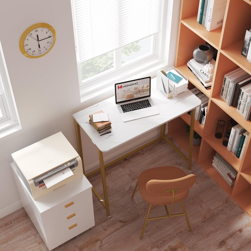 WOHOMO White Faux Marble Folding Desk, 31.5" Small Desk for Small Spaces with Gold Legs, Easy Assemble Foldable Computer Desk, Mini Portable Working Table for Home Office, White and Gold - Image 4