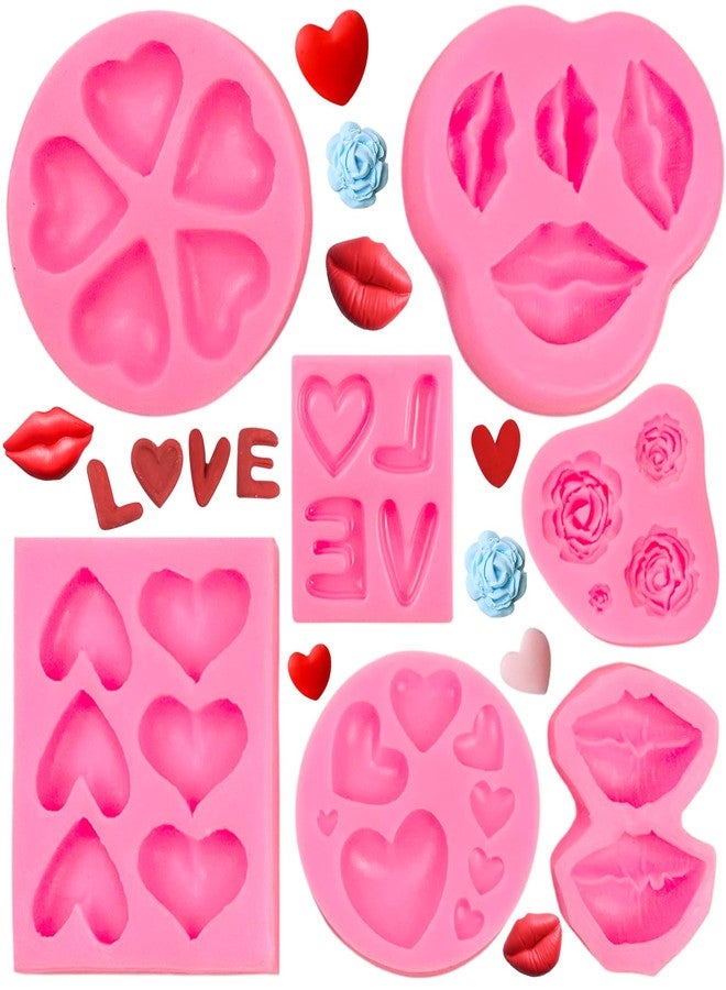 Rainmae 7Pcs Valentine's Day Silicone Molds, Flower Fondant Mold Love Letter Rose Lip Love Bear Heart Molds, Cake Decorating Cupcake Topper Polymer Clay Candy Chocolate Gum Paste Wedding Cake Baking - Image 1