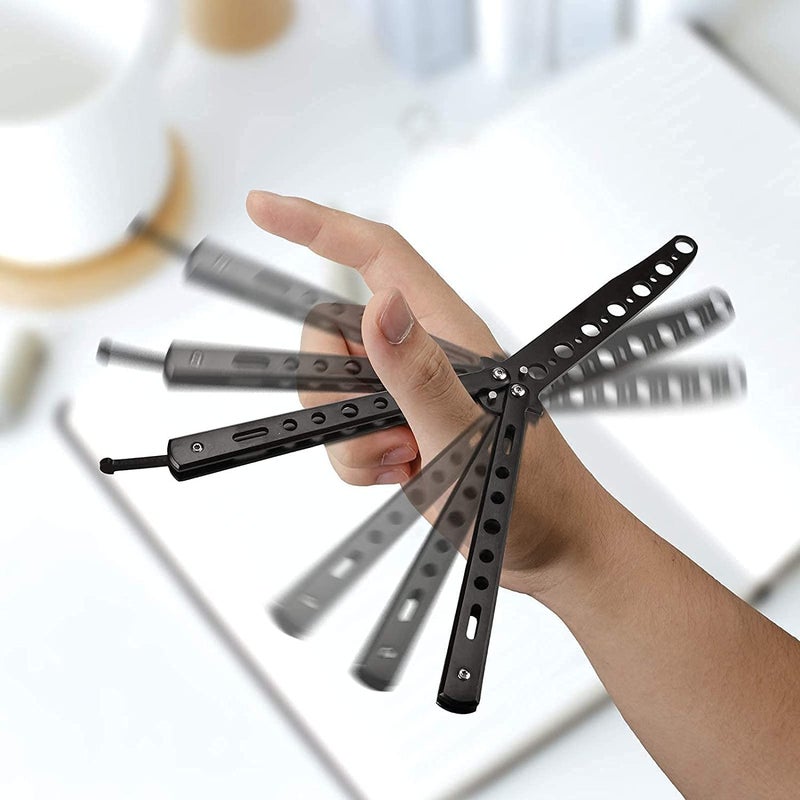 HEAVY DRIVER ® Butterfly Knives Trainer with O-Ring Latch for Beginner, Balisong Trainer with Unsharpened Blade for Practicing Flipping Tricks, Stainless Steel Pocket Tool (Black) - Image 5