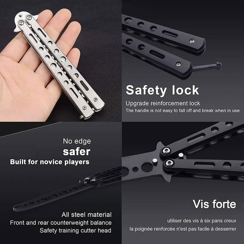 HEAVY DRIVER ® Butterfly Knives Trainer with O-Ring Latch for Beginner, Balisong Trainer with Unsharpened Blade for Practicing Flipping Tricks, Stainless Steel Pocket Tool (Black) - Image 4
