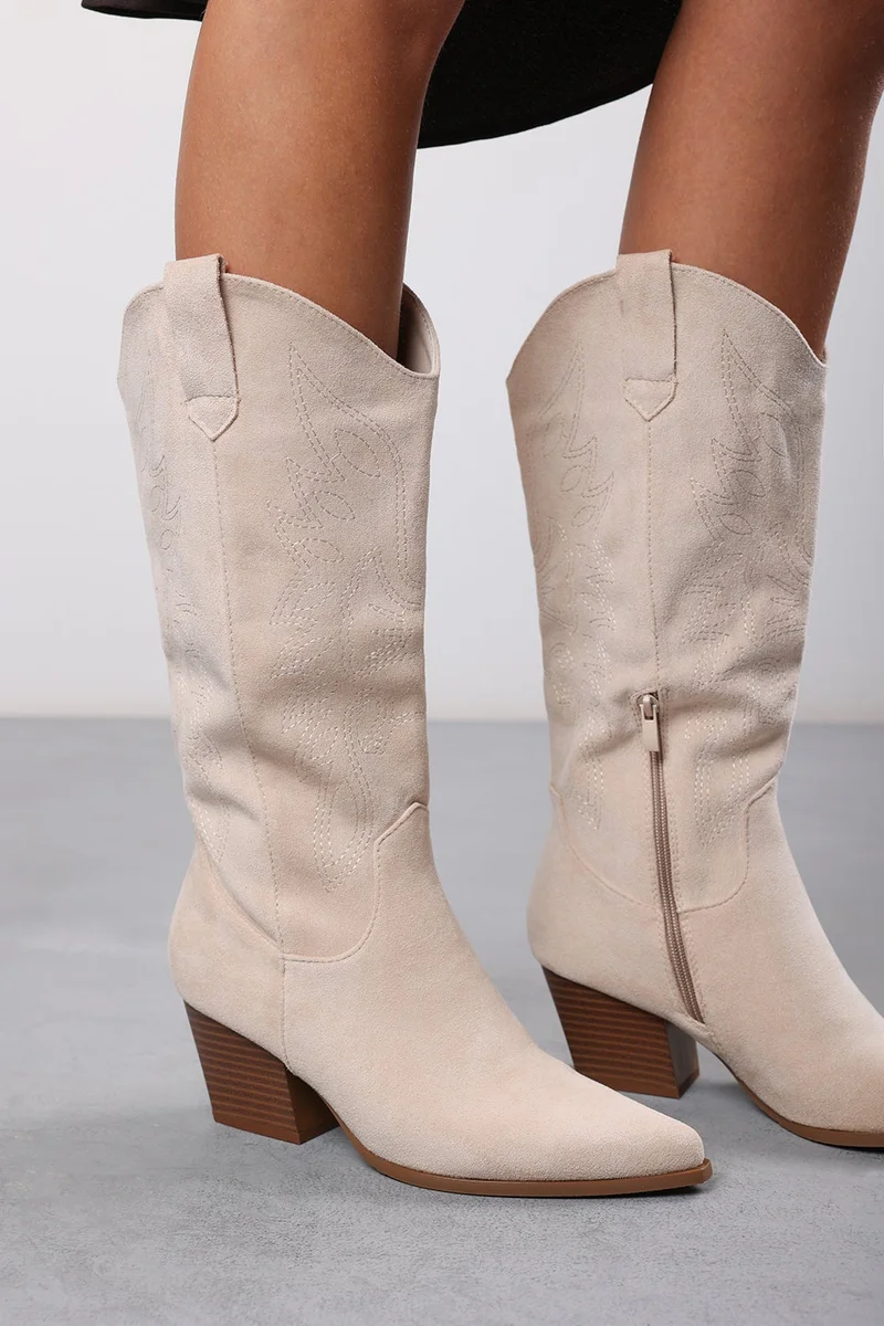 Where's That From Yasmine Calf Cowboy Boots Block Heel Western Embroidered