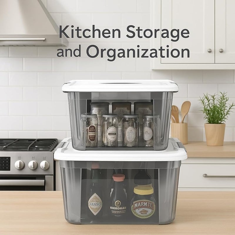 XVersion XV Plastic Storage Box Set with with Lockable Lid (Medium+Large+XL),Stackable Containers,Transparent Boxes Storing Clothes, Tools, Office Supplies (3-Pack Storage Bins – Transparent, Gray) - Image 1