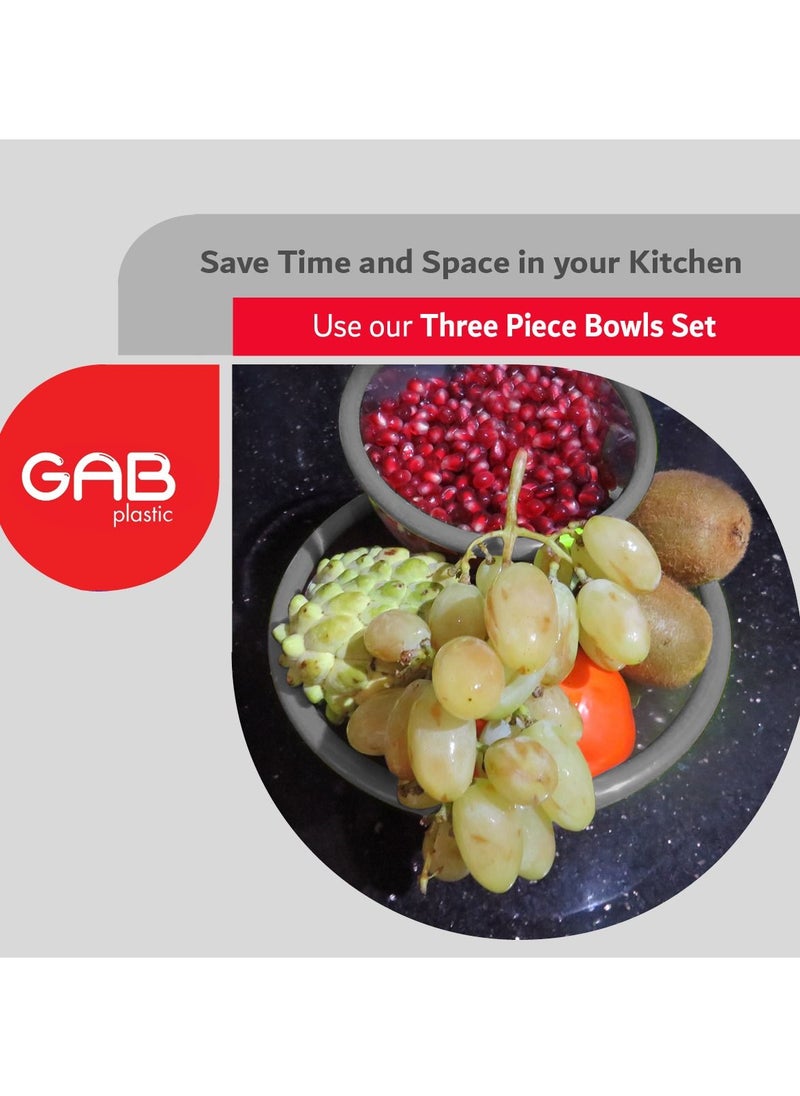 GAB Plastic, Salad Bowl, Set of 3, Small medium and large mixing bowl and serving bowl, Kitchen tool, Great for serving salad, fruits, popcorn, or chips, Sturdy and durable, Made from BPA-free Plastic
