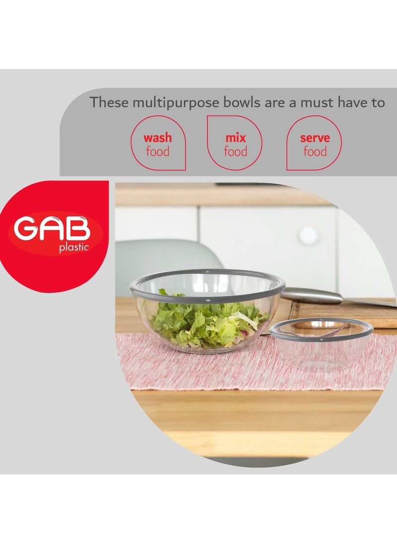 GAB Plastic, Salad Bowl, Set of 3, Small medium and large mixing bowl and serving bowl, Kitchen tool, Great for serving salad, fruits, popcorn, or chips, Sturdy and durable, Made from BPA-free Plastic