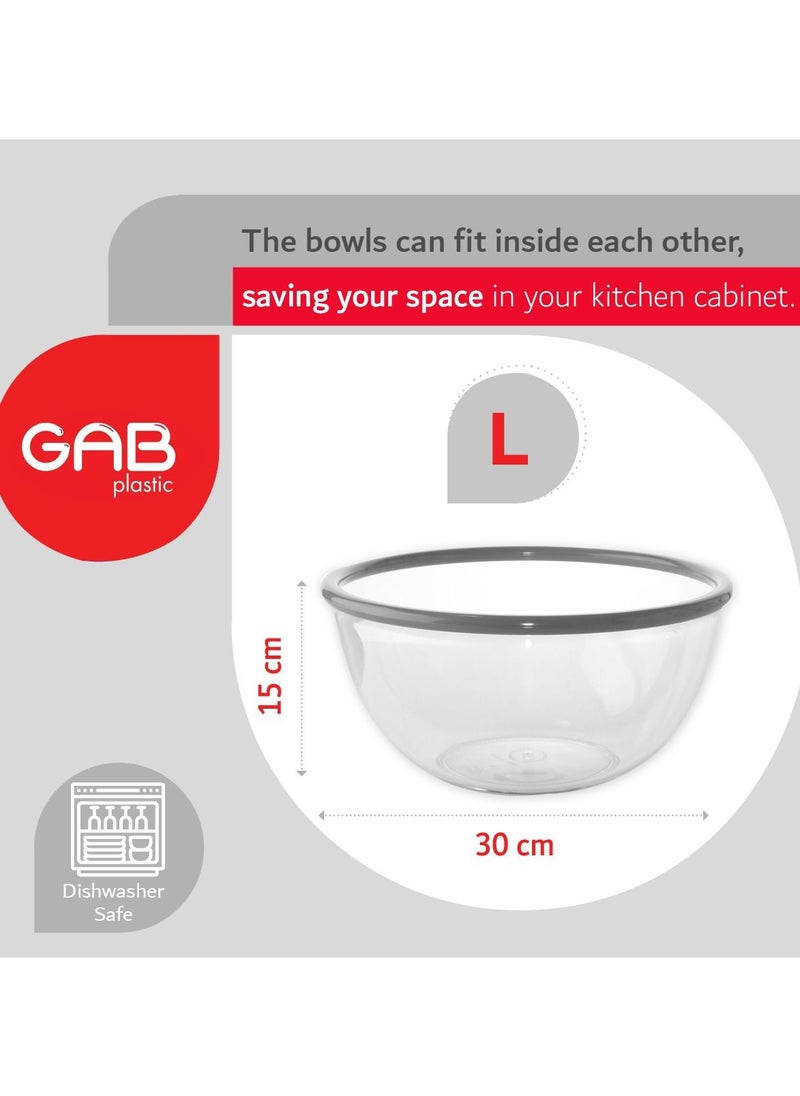 GAB Plastic, Salad Bowl, Set of 3, Small medium and large mixing bowl and serving bowl, Kitchen tool, Great for serving salad, fruits, popcorn, or chips, Sturdy and durable, Made from BPA-free Plastic