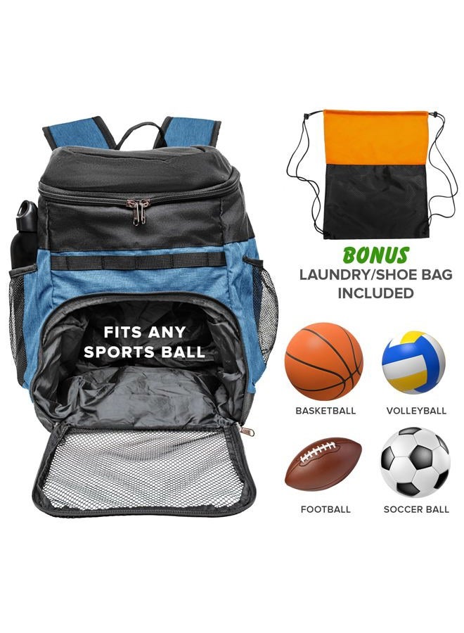 Xelfly Basketball Backpack with Ball Compartment – Sports Equipment Bag for Soccer Ball, Volleyball, Gym, Outdoor, Travel, Team – 2 Bottle Pockets, Includes Laundry or Shoe Bag – 25L (Blue) - Image 3