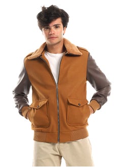 Sherpa Collar Leather Sleeves Brown & Havana Men Jacket