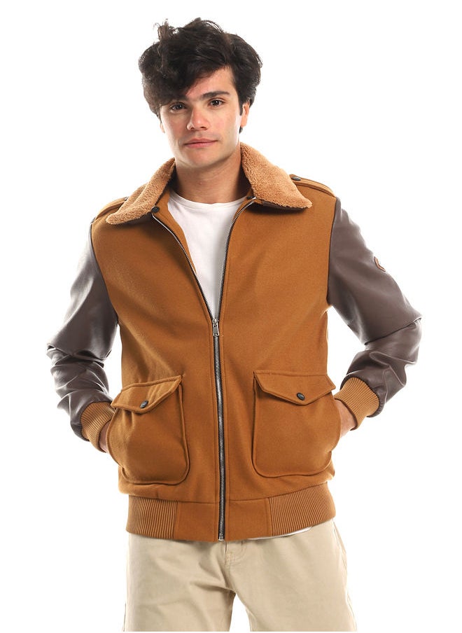 WHITE RABBIT - Sherpa Collar Leather Sleeves Brown & Havana Men Jacket - Image 1