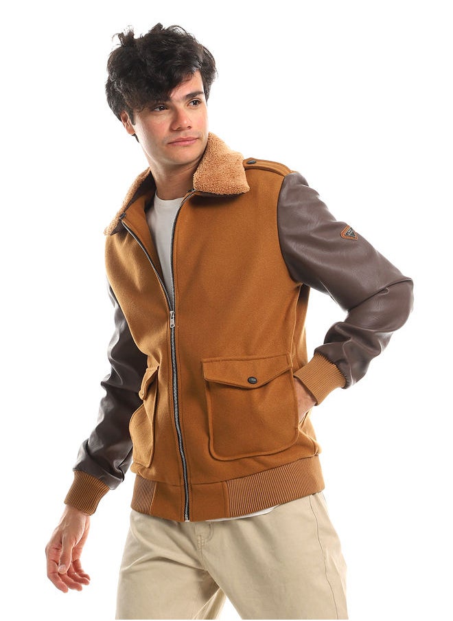 WHITE RABBIT - Sherpa Collar Leather Sleeves Brown & Havana Men Jacket - Image 1