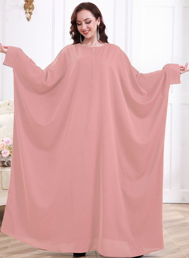 إسكدنيا Women's Casual Solid Color Long Sleeves Abaya Full Length Batwing Sleeves Dress Liturgical Clothes Muslim Pink 