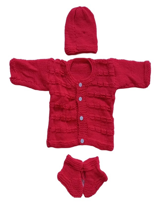 DORCHIS Newborn baby Woolen Sweater cap and shoes set for 0-3 Month, Handmade with crochet, Red