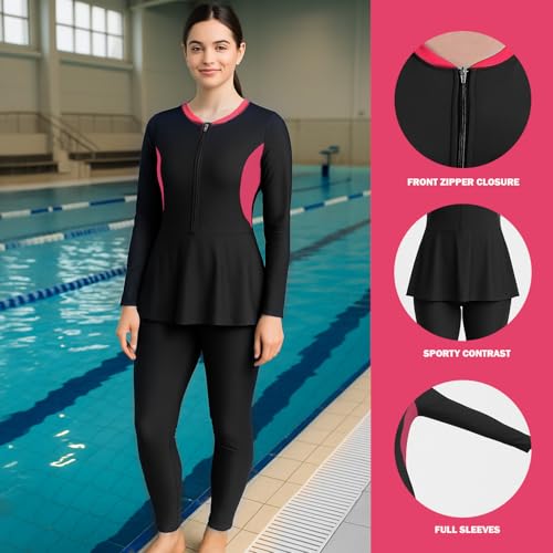 Hacer Frock Style Swimwear with Padde Full Sleeve Bodysuit Swimming Costume Full-Length One Piece Swimsuit for Pool Beach Women (S, 32, Black) - Image 4