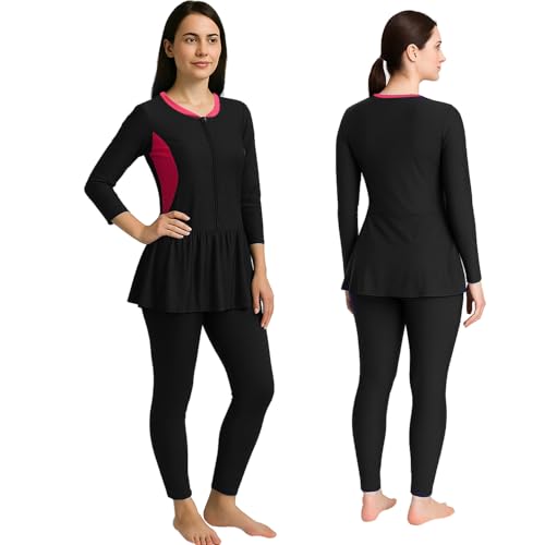 Hacer Frock Style Swimwear with Padde Full Sleeve Bodysuit Swimming Costume Full-Length One Piece Swimsuit for Pool Beach Women (S, 32, Black) - Image 1