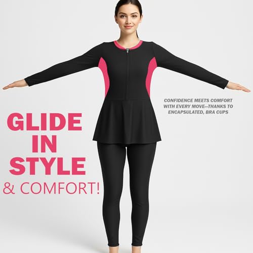 Hacer Frock Style Swimwear with Padde Full Sleeve Bodysuit Swimming Costume Full-Length One Piece Swimsuit for Pool Beach Women (S, 32, Black) - Image 2