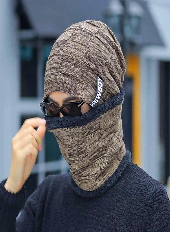 REFFER Latest Stylish Winter Woolen Beanie Cap Scarf (Fur Inside) and Touchscreen Gloves Set for Men and Women Stretch Warm Winter Cap (Brown) - Image 4