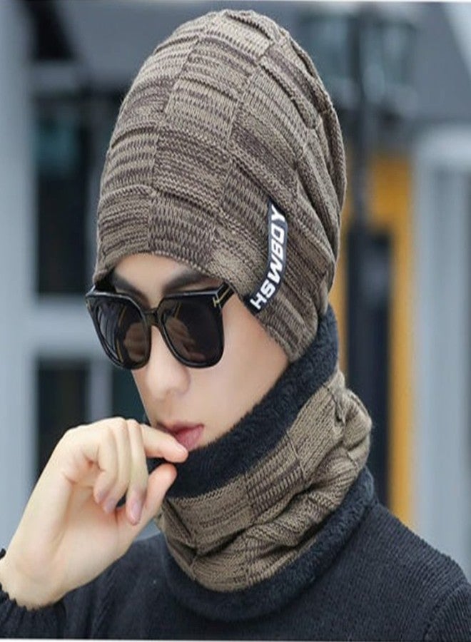 REFFER Latest Stylish Winter Woolen Beanie Cap Scarf (Fur Inside) and Touchscreen Gloves Set for Men and Women Stretch Warm Winter Cap (Brown) - Image 3