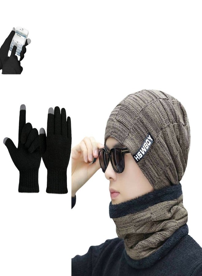 REFFER Latest Stylish Winter Woolen Beanie Cap Scarf (Fur Inside) and Touchscreen Gloves Set for Men and Women Stretch Warm Winter Cap (Brown) - Image 1