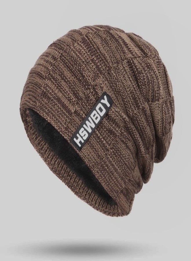 REFFER Latest Stylish Winter Woolen Beanie Cap Scarf (Fur Inside) and Touchscreen Gloves Set for Men and Women Stretch Warm Winter Cap (Brown) - Image 5