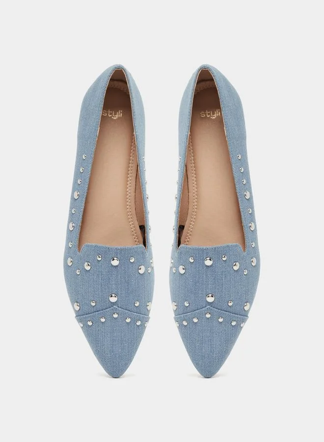 Styli Embellished Denim Slip On Pointed Toe Shoes