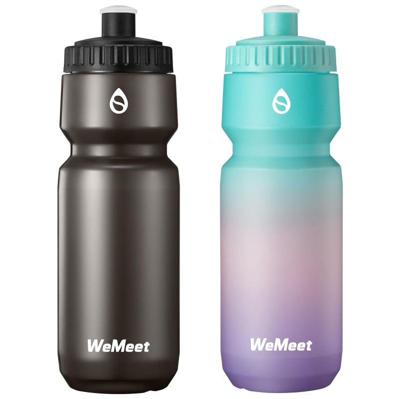 WEMEET Lightweight Bike Water Bottle 24oz  BPA Free  Cycling Squeeze Bottle  Leak Proof Sport Water Bottle with Capacity Scale  for Cycling  Gym (Black & Green Pink Purple  2 Pack) - Image 1