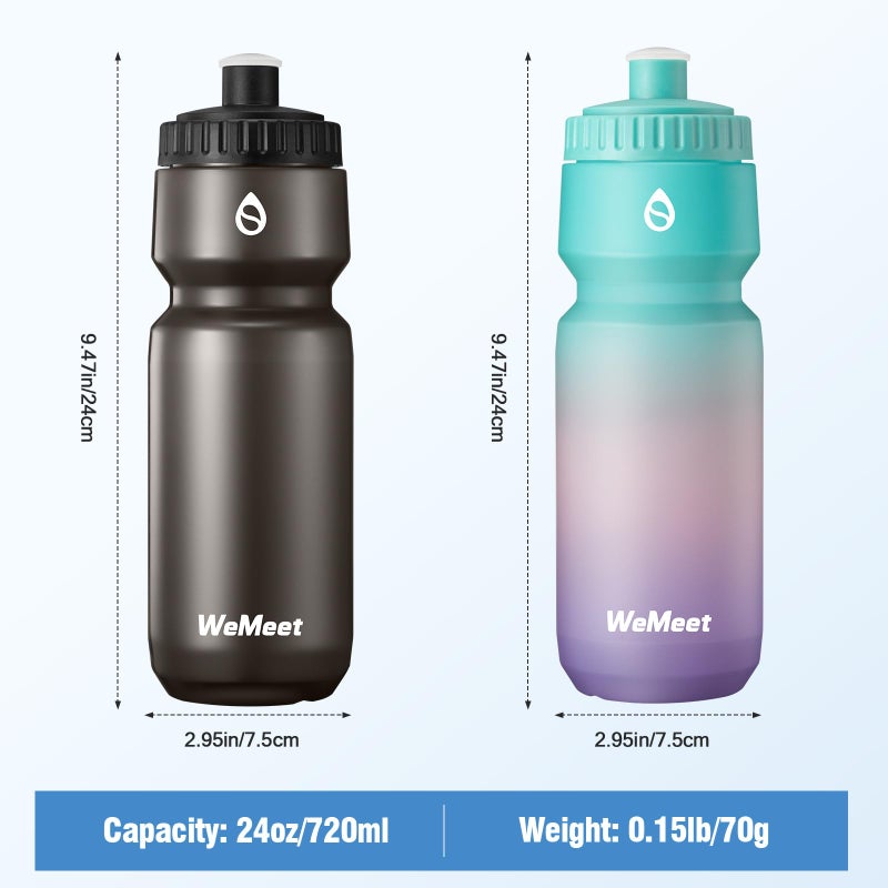 WEMEET Lightweight Bike Water Bottle 24oz  BPA Free  Cycling Squeeze Bottle  Leak Proof Sport Water Bottle with Capacity Scale  for Cycling  Gym (Black & Green Pink Purple  2 Pack) - Image 4
