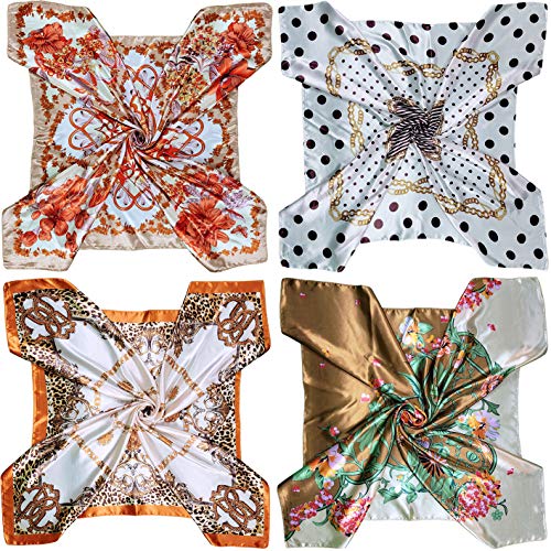 Lilments 4 Pc Set Large 35 × 35 inches Satin Square Scarves Neck Hair Head Scarf Bundle (Set G) - Image 1
