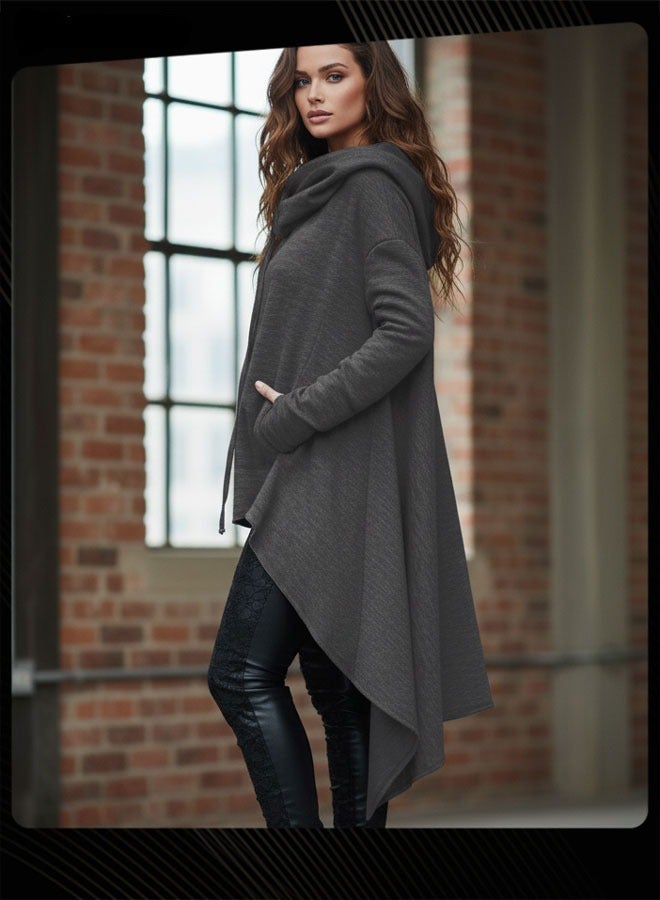 Women Autumn and Winter Solid Color Long Sleeve Hooded Neck Polyester Pullover Dark Grey - Image 2