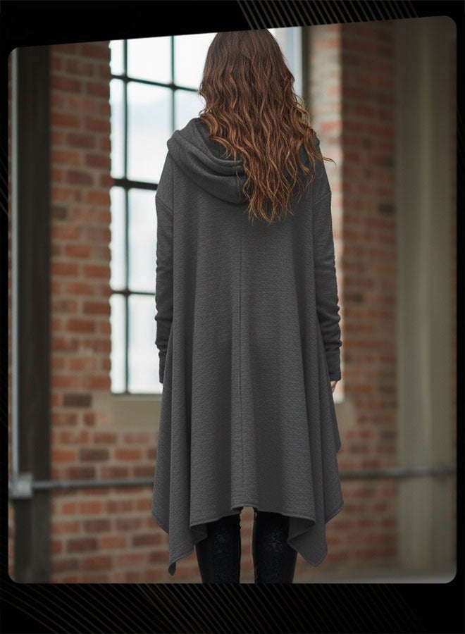 Women Autumn and Winter Solid Color Long Sleeve Hooded Neck Polyester Pullover Dark Grey - Image 3