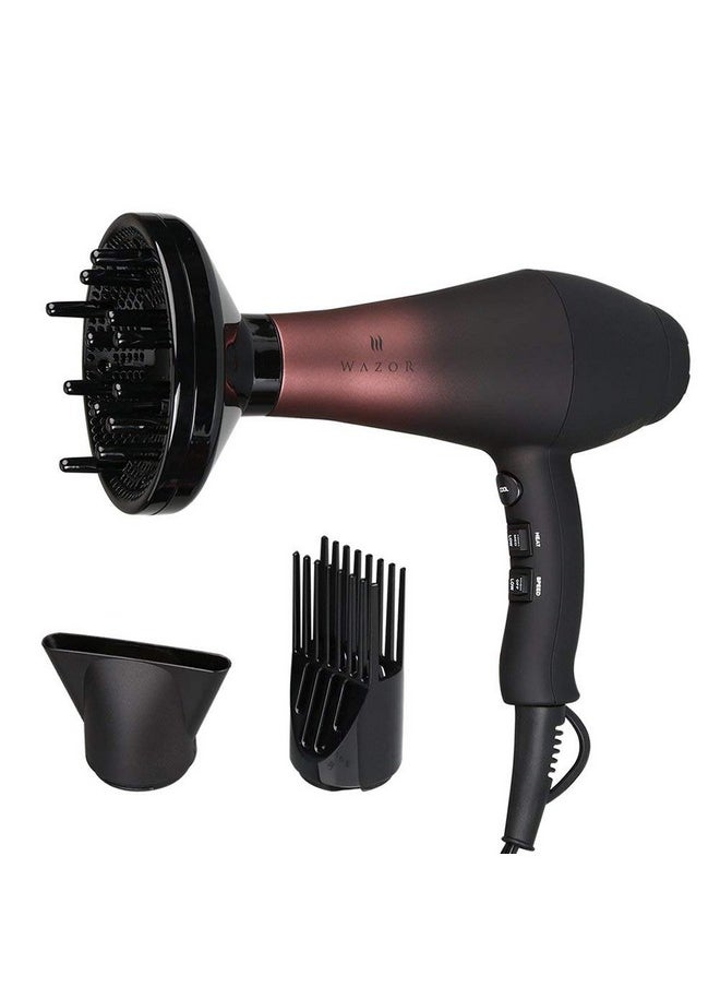 Wazor Professional Ionic Hair Dryer With Diffuser, Infrared Salon Grade Blow Dryer With Comb Attachment, 1875W Powerful Quiet Hair Blow Dryer, Tourmaline Ceramic Hairdryer With Nozzle, Black 
