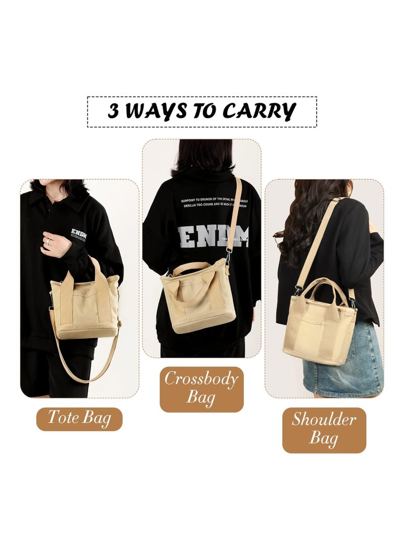 Excefore Canvas Tote Bag for Women, Multi-Pocket Handbags Tote Purse Shoulder Bags with Zipper Large Capacity Crossbody Bag for School Shopping Travel Work Daily Use Beige - Image 5