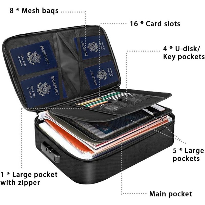 Fireproof Document Bag with Lock, Fireproof Money Bag 3-Layer File Organizer Case with Water-Resistant Zipper, Portable Safe Box for Important File Passport Certificates Legal Documents - Image 2