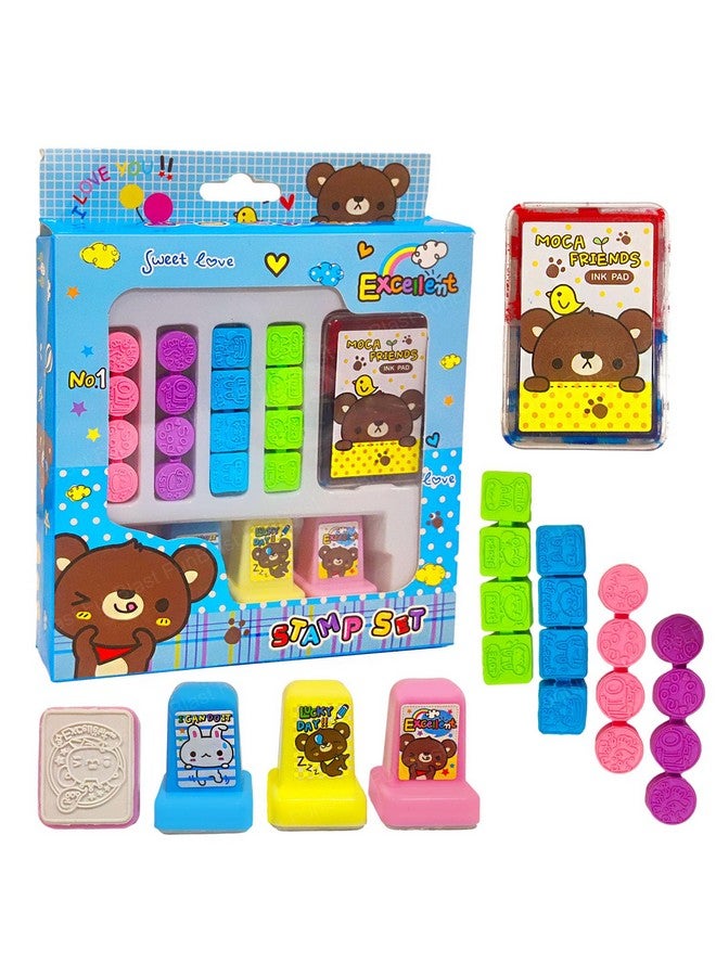 FunBlast Bear Theme Rubber Seal Stamp Kit - DIY Coloring & Stamping Set with 16 Small Stamp, 4 Big Stamp, 2 in 1 Ink Pad for Art and Carft, School Supplies, Educational Toys for Girls, Boys (Blue) - Image 1
