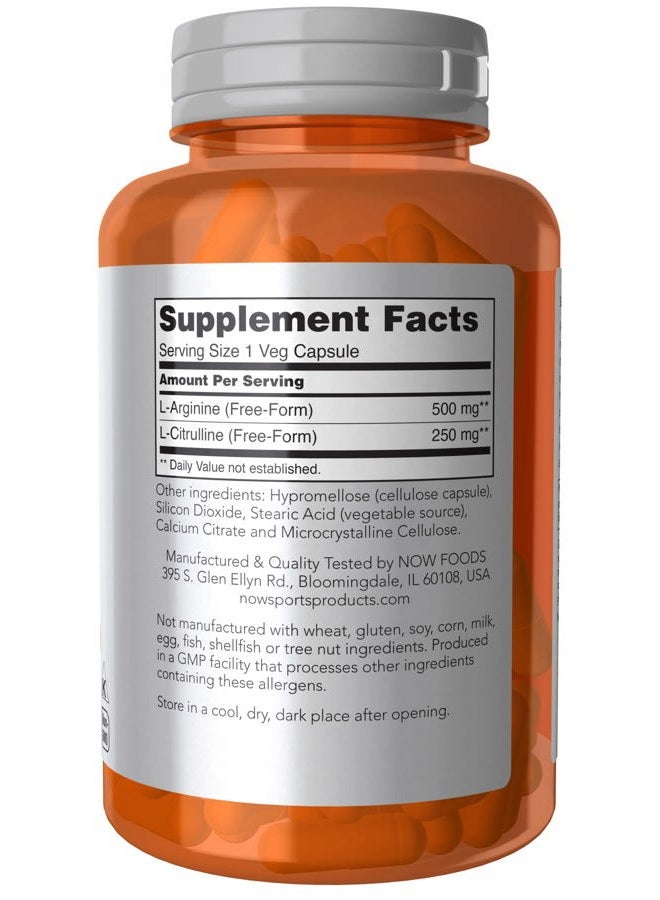 Now Sports Arginine 500Mg & Citrulline 250Mg 120 Capsules |Amino Acids | Protein Protein | Metabolism | Muscle Maintenance| Keto Friendly.