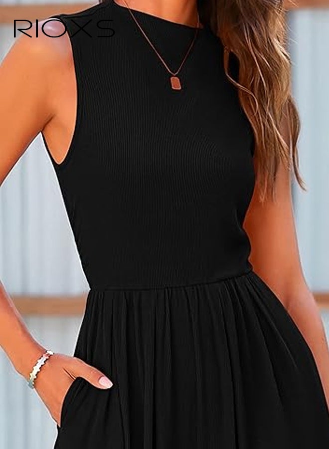 RIOXS Womens Summer Jumpsuits, Dressy Casual One Piece Sleeveless Outfits for Ladies,  Crewneck Wide Leg Pants Rompers with Pockets for Vacation Commuting Daily Wearing - Image 4