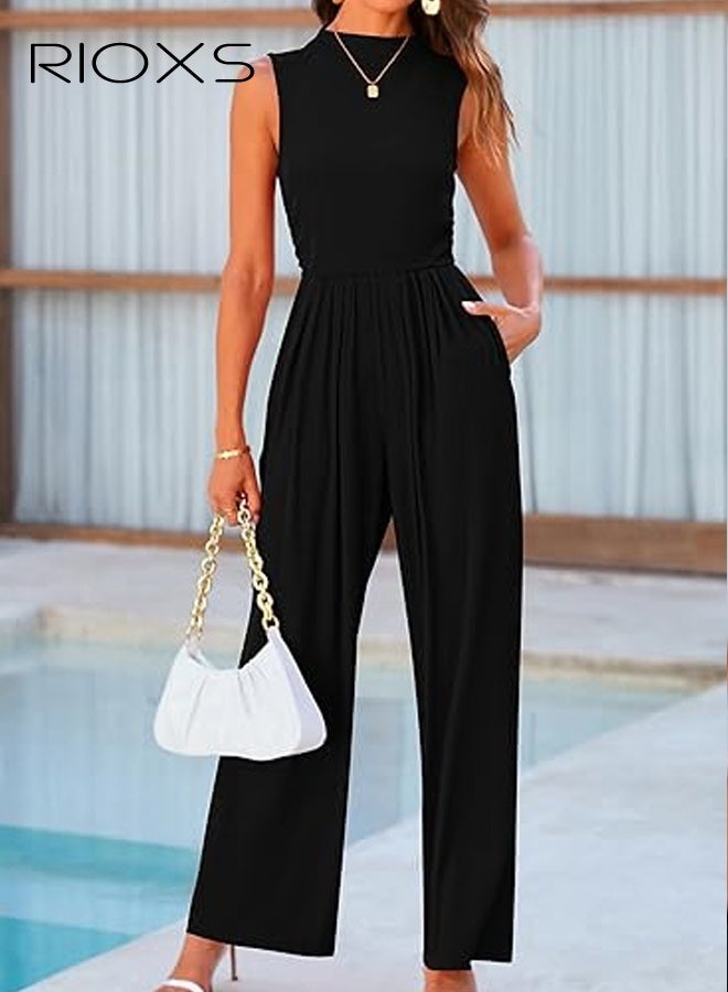 RIOXS Womens Summer Jumpsuits, Dressy Casual One Piece Sleeveless Outfits for Ladies,  Crewneck Wide Leg Pants Rompers with Pockets for Vacation Commuting Daily Wearing - Image 1