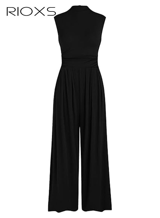 RIOXS Womens Summer Jumpsuits, Dressy Casual One Piece Sleeveless Outfits for Ladies,  Crewneck Wide Leg Pants Rompers with Pockets for Vacation Commuting Daily Wearing - Image 5