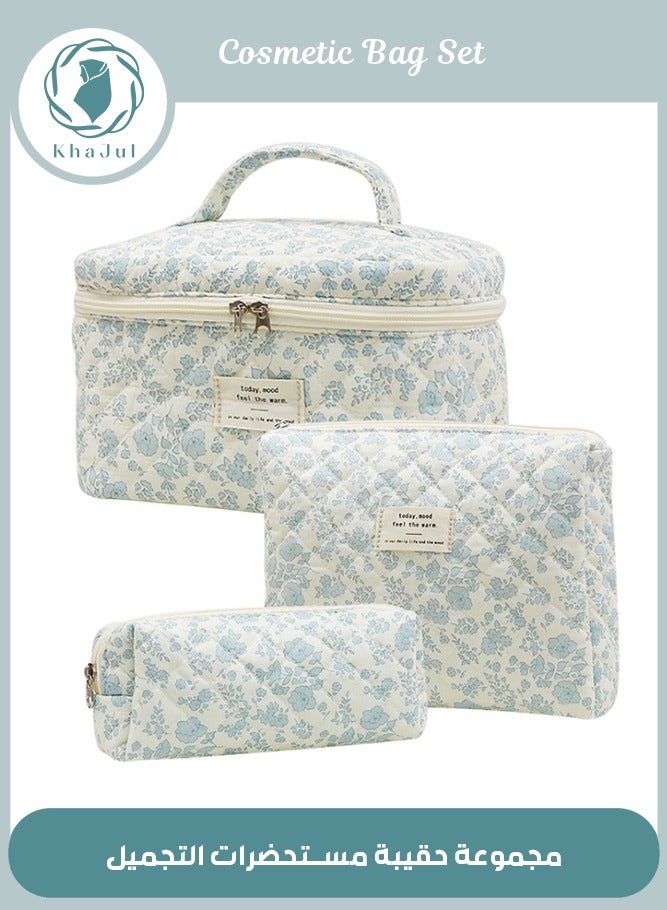 Loquat 3-Piece Large Quilted Makeup Bag for Women and Girls, Lovely Floral Cotton Cosmetic Bag, Aesthetic Travel Organized Toiletry Bags (Blue Flowers) - Image 1