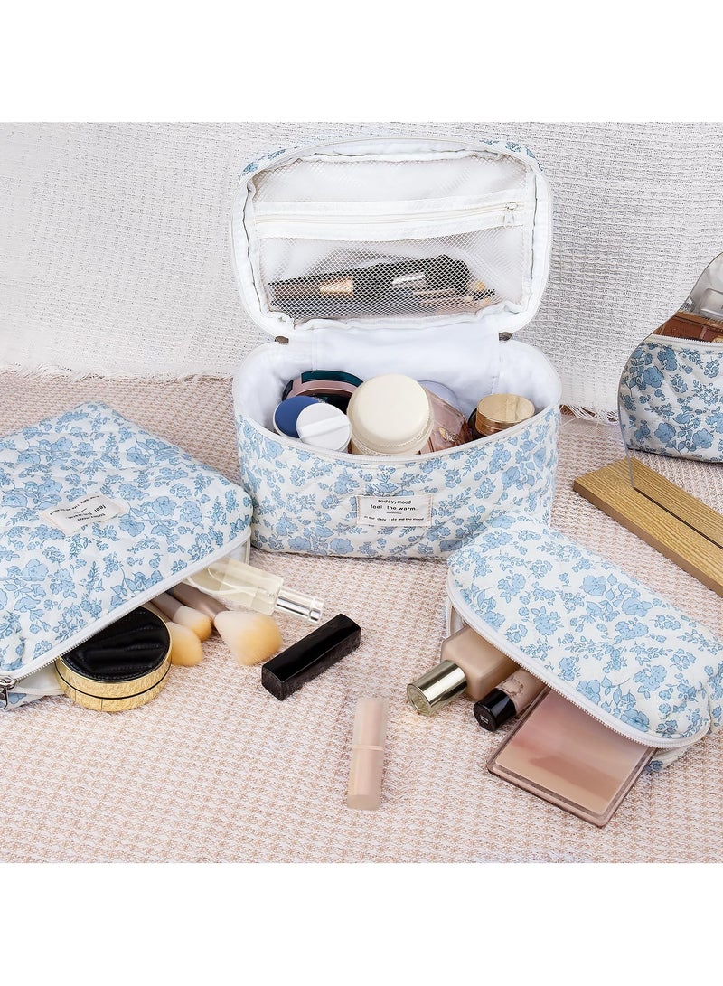 Loquat 3-Piece Large Quilted Makeup Bag for Women and Girls, Lovely Floral Cotton Cosmetic Bag, Aesthetic Travel Organized Toiletry Bags (Blue Flowers) - Image 4