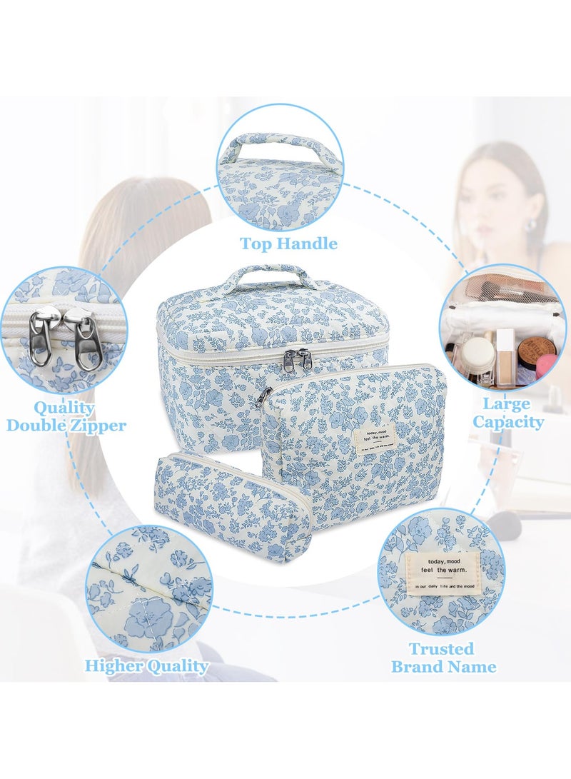 Loquat 3-Piece Large Quilted Makeup Bag for Women and Girls, Lovely Floral Cotton Cosmetic Bag, Aesthetic Travel Organized Toiletry Bags (Blue Flowers) - Image 3