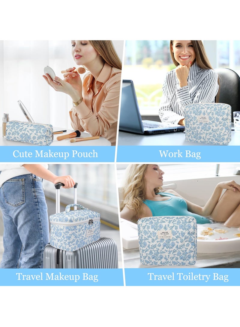 Loquat 3-Piece Large Quilted Makeup Bag for Women and Girls, Lovely Floral Cotton Cosmetic Bag, Aesthetic Travel Organized Toiletry Bags (Blue Flowers) - Image 5