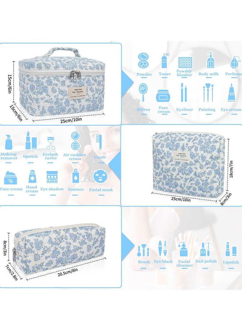 Loquat 3-Piece Large Quilted Makeup Bag for Women and Girls, Lovely Floral Cotton Cosmetic Bag, Aesthetic Travel Organized Toiletry Bags (Blue Flowers) - Image 2
