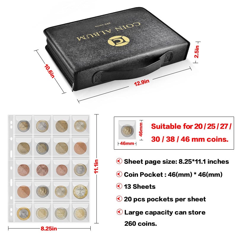 GWCASE Coin Collection Book Holder for Collectors, 260 Pockets Coins Collecting Album with Zipper and Handle. Display Storage Case for Money Currency Collections Supplies, Bill Commemorative (Box Only) - Image 2