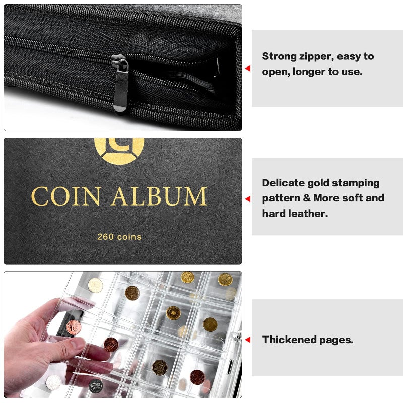GWCASE Coin Collection Book Holder for Collectors, 260 Pockets Coins Collecting Album with Zipper and Handle. Display Storage Case for Money Currency Collections Supplies, Bill Commemorative (Box Only) - Image 4