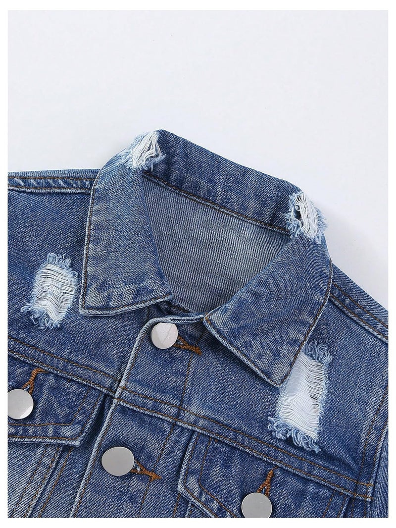 WDIRARA Girl's 2 Piece Outfit Ripped Button Front Long Sleeve Denim Jackets and Mini Skirts Set Blue 5Y - Image 3