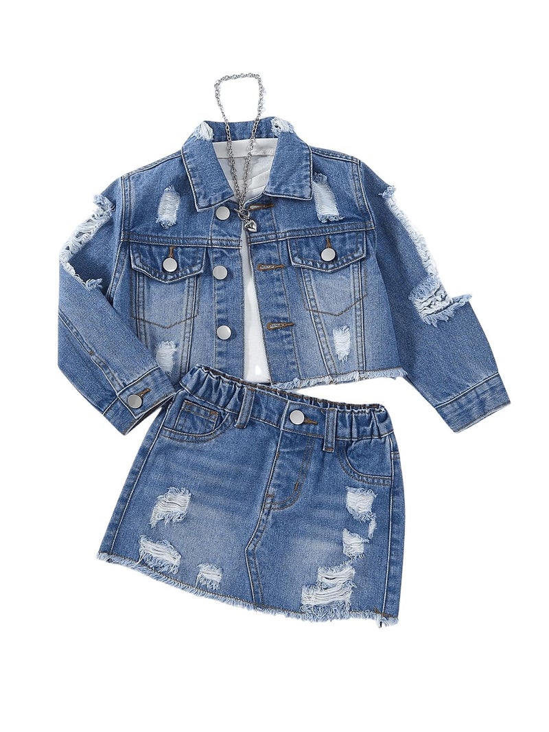 WDIRARA Girl's 2 Piece Outfit Ripped Button Front Long Sleeve Denim Jackets and Mini Skirts Set Blue 5Y - Image 1