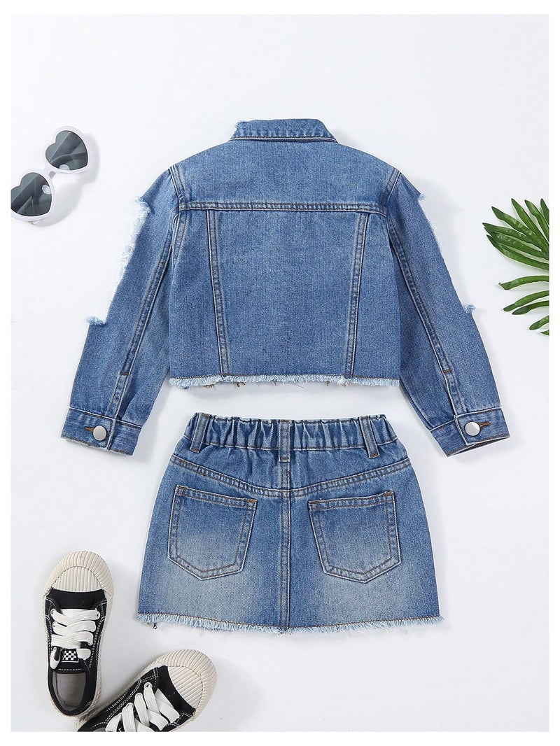WDIRARA Girl's 2 Piece Outfit Ripped Button Front Long Sleeve Denim Jackets and Mini Skirts Set Blue 5Y - Image 2